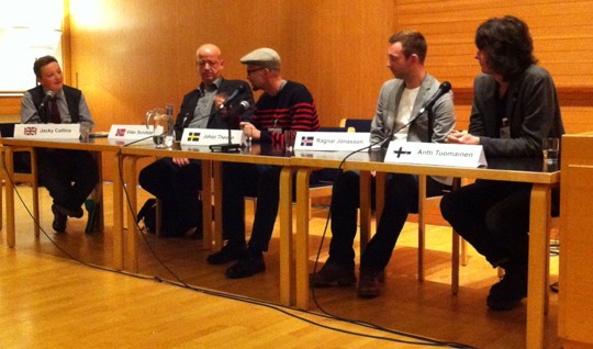 Left to right: Jacky Collins, Vidar Sundstol, Johan Theorin, Ragnar Jonasson and Antti Tuomainen.