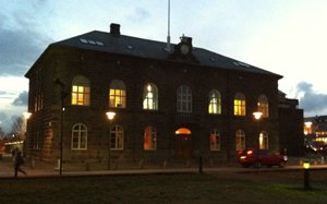 Iceland's old parliament on a bleak night.
